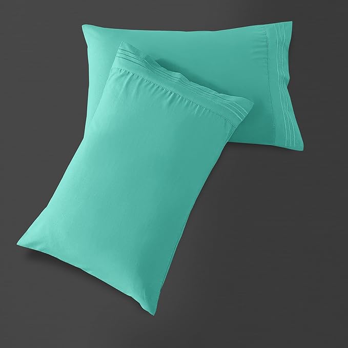 Mocassi 2-Piece Premium Standard/Queen Pillowcase Set 1800 Series Hotel Quality Microfiber - Soft and Breathable with 3-Line Embroidery Wrinkle and Stain Resistant, Easy Care, 20" x 30", Minted Aqua