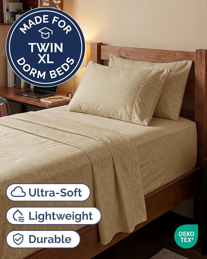Extra Deep Twin XL Sheet Set - 4 Piece Breathable and Cooling Sheets - Hotel Luxury Bedding for Women, Men, Kids & Teens - Easy Secure Fit - Soft & Wrinkle Free - Extra Deep Pockets - Heathered Tan