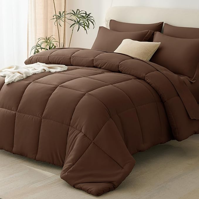 CozyLux Queen Comforter Set Brown - 7 Pieces Bed in a Bag Queen, All Season Breathable Bedding Sets, Oeko-Tex Certified Bed Set with Down Alternative Comforter, Sheets, Pillowcases & Pillow Shams