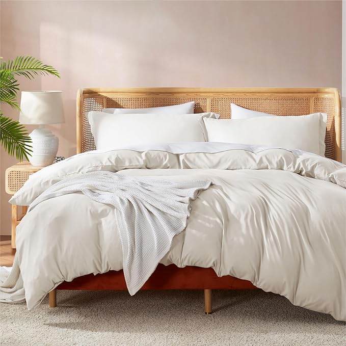 Nestl Full Duvet Cover Set with Comforter Insert - Off White 4 Piece 80x90 Duvet Cover & 2 Pillow Shams with White Quilted Down Alternative Comforter, Ultra Soft, All Season
