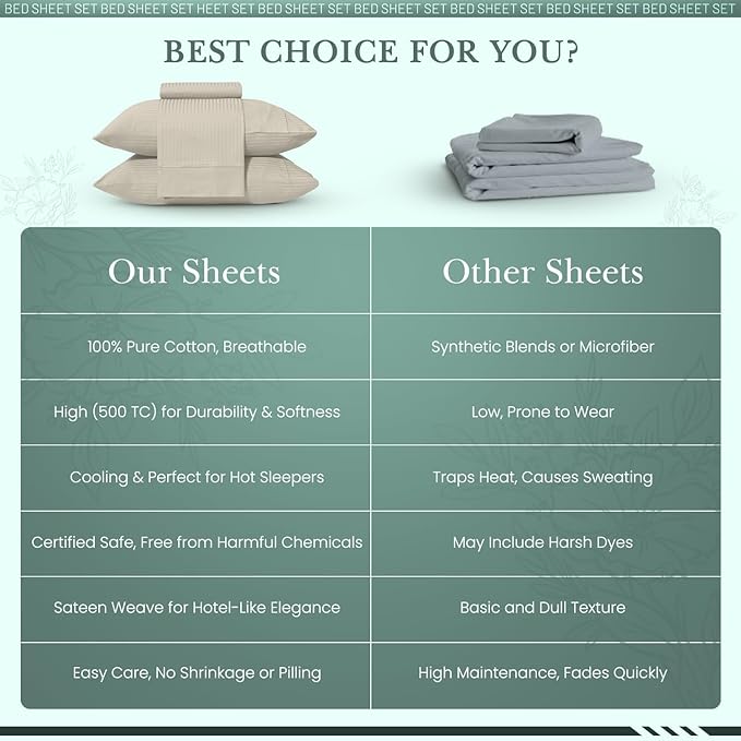 Feather & Stitch 500 TC Twin Size Damask Bed Sheet Set, 100% Cotton Soft Breathable Bedsheets, 3 Piece 18" Deep Pockets Sateen Weave Striped Bedding Mattress Resort Hotel Luxury- (Beige Stripe)