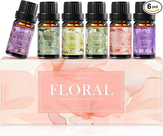Auelife Floral Essential Oils Set - Mother's Day & Birthsday Gift, 6x10ml Rose, Jasmine, Lavender, Gardenia Pure Fragrance Oils for Diffuser, Candle Making, DIY Bath Bomb, Romantic Home Aromatherapy