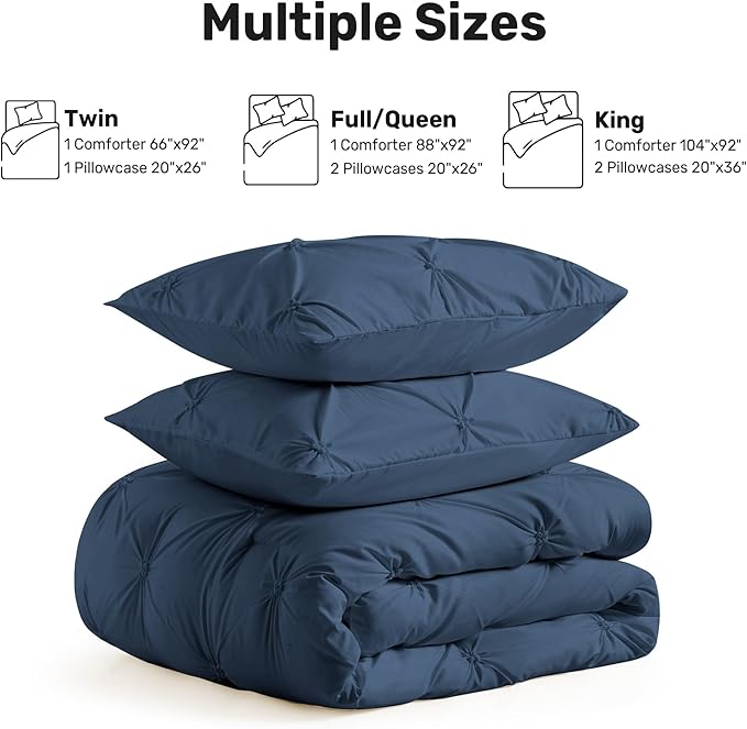 UNIKOME King Size Comforter Set Navy/Royal Blue - Ultra Soft Pintuck Down Alternative Bedding Set for All Seasons, 3 Pieces Lightweight Warm Pinch Pleat Bed Set with Comforter, 2 Pillowcases