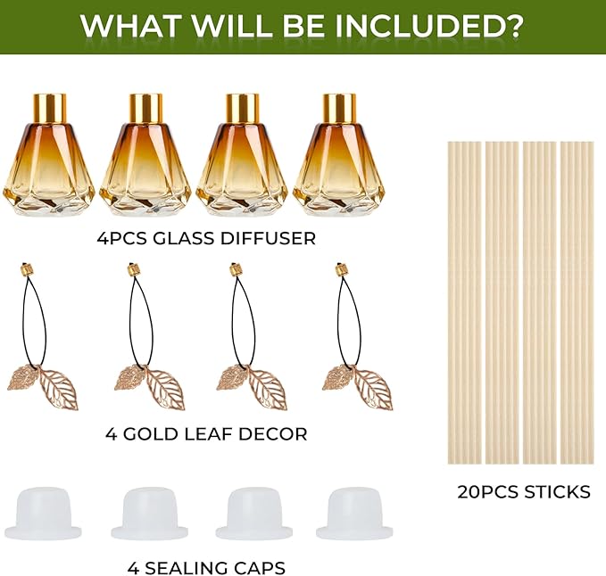Reed Diffuser Set - 4 Empty Bottles with 20 Sticks, Delicate Gold Leaf Decor, Glass Fragrance Diffuser with Lids for Home, Bathroom | Refillable, Diamond Style (4 PCS Gold)