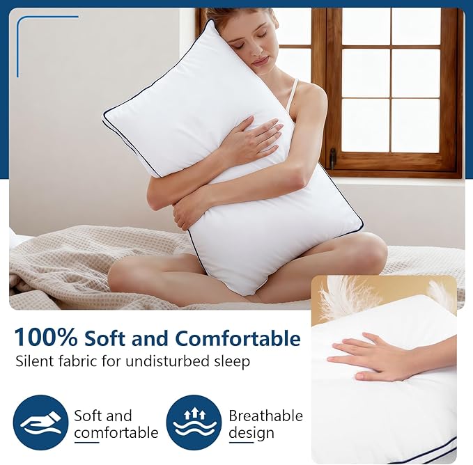 Hotel Luxury Down Alternative Pillows Standard Size Set of 2, Overfilled Gusseted Bed Pillows with Cooling Microfiber, Machine Washable & Breathable for Side, Back, Stomach Sleepers (White)