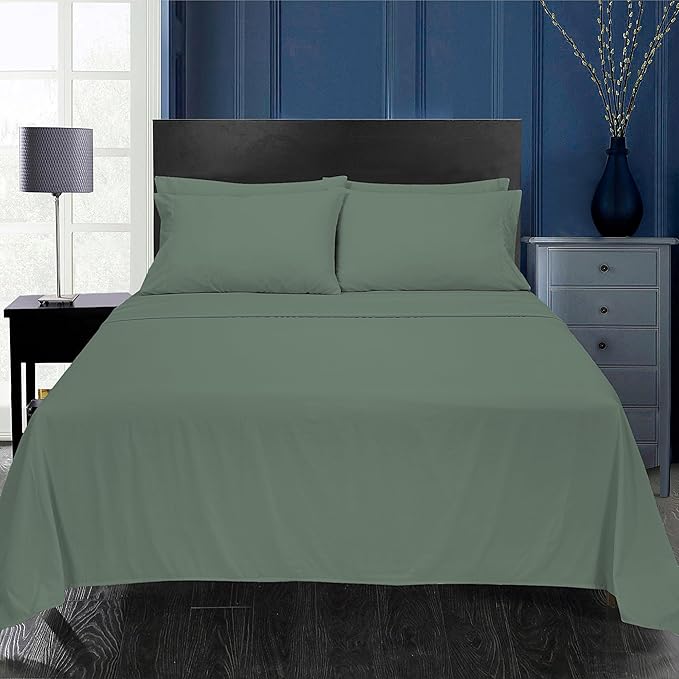 ROYALE LINENS 4 Piece King Sheets Set - Soft Brushed 1800 Microfiber Bedding - 1 Fitted and 1 Flat Sheet, 2 Pillow case - Wrinkle Free & Fade Resistant - Hotel Luxury Bed Sheets Set (Green Bay, King)
