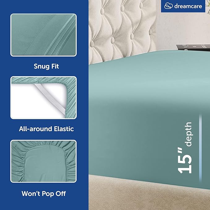 DREAMCARE King Size Sheets Set - 6 pcs Breathable Cooling Bed Sheets - up to 15" Deep Pocket King Sheet Set with Side Pockets - Extra Soft 100% Brushed Hypoallergenic Hotel Luxury Bedding - Spa Blue