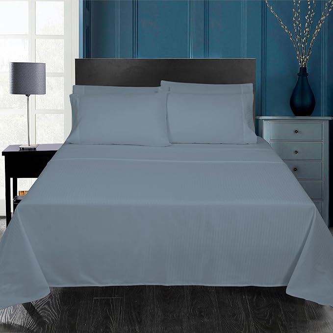 ROYALE LINENS 1500 Thread Count Poly/Cotton Sateen Dobby StripeSheet Set - 6 Piece Queen Bed Sheets - 1 Fitted, 1 Flat, 4 Pillow Cases -Soft Cool & Crisp Sheet Set (Queen, Dusty Blue)