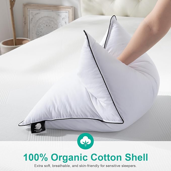 APSMILE Luxury Goose Feathers Pillow for Sleeping, Medium Firm Feather Down Pillows King Size Set of 2, Organic Cotton Cover Hotel Collection Bed Pillows for Side Sleeper (White, 20"x36")