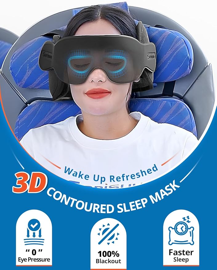 SARISUN Travel Pillow Combo with Chin Strap, Airplane Pillows with 3D Eye Mask for Sleeping, 360° Support Plane Head Strap for All Plane Seats, Long Flights Essentials, Stop Bobblehead, Mottle Blue