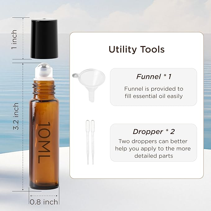Essential Oil Roller Bottles, 10ml Thick Glass Perfume Roller Bottles with Funnel Opener and Dropper Colored Glass Empty Bottles with Stainless Steel Roller Balls (Brown - black cover, 12 Pack)