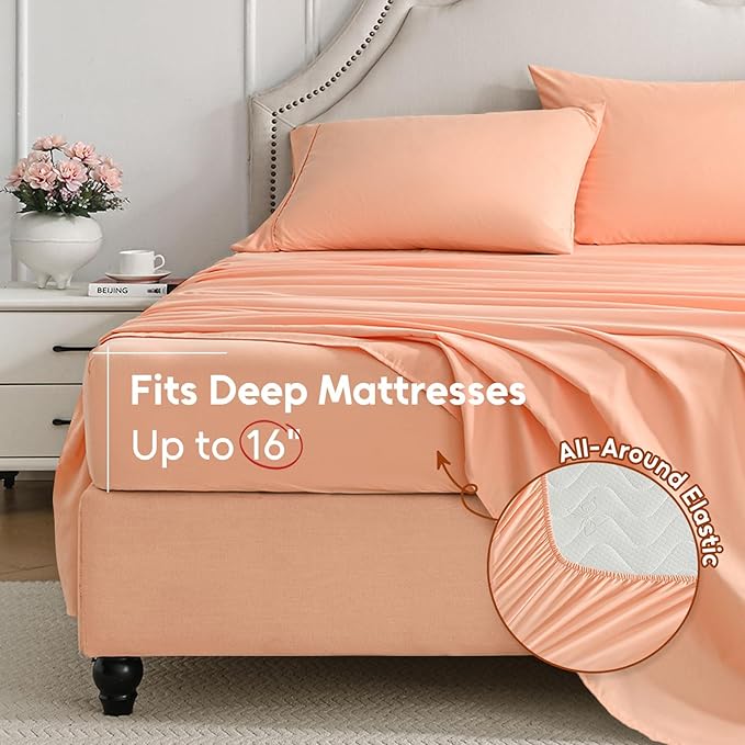 Twin Sheets Set, 3 Pieces Hotel Luxury Soft Microfiber Bed Sheets Set, Up to 16" Deep Pockets, Oeko-Tex Sheets with Elastic, Breathable, Wrinkle Free (Peach Pink, Twin)