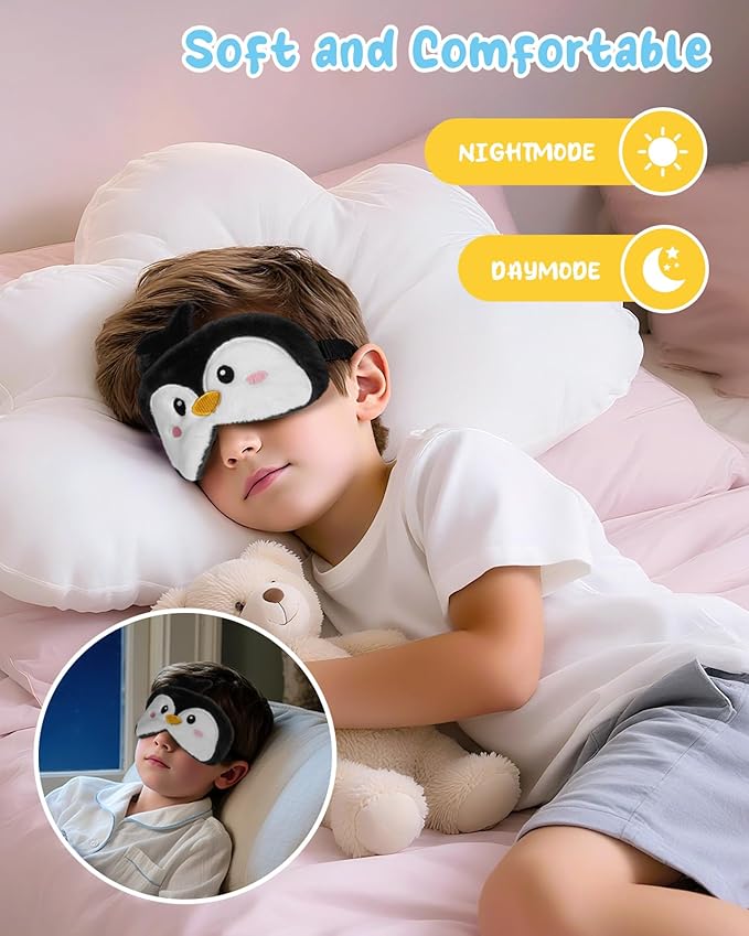 Miss Adola Sleep Mask for Kids - Valentines Gift for Kids Cute Plush Fuffy Sleeping Eye Cover Kawaii Soft Eyeshade Animal Eye Blindfold for Girls Boys Teens with Adjustable Strap, Penguin