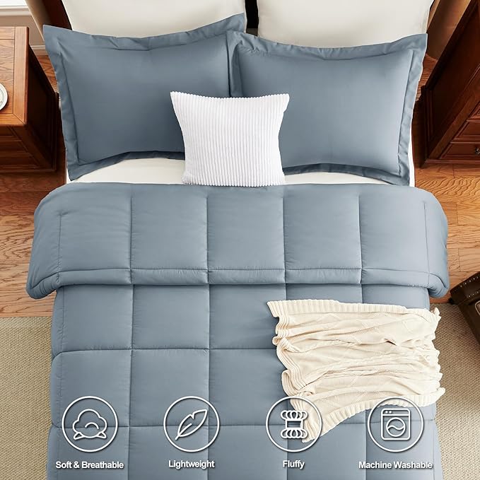 CozyLux King Comforter Set - Grayish Blue Comforter King Size, 3 Pieces Box Stitched Bed Set for All Seasons, Soft Lightweight Bedding Sets with 1 Down Alternative Comforter and 2 Pillow Shams