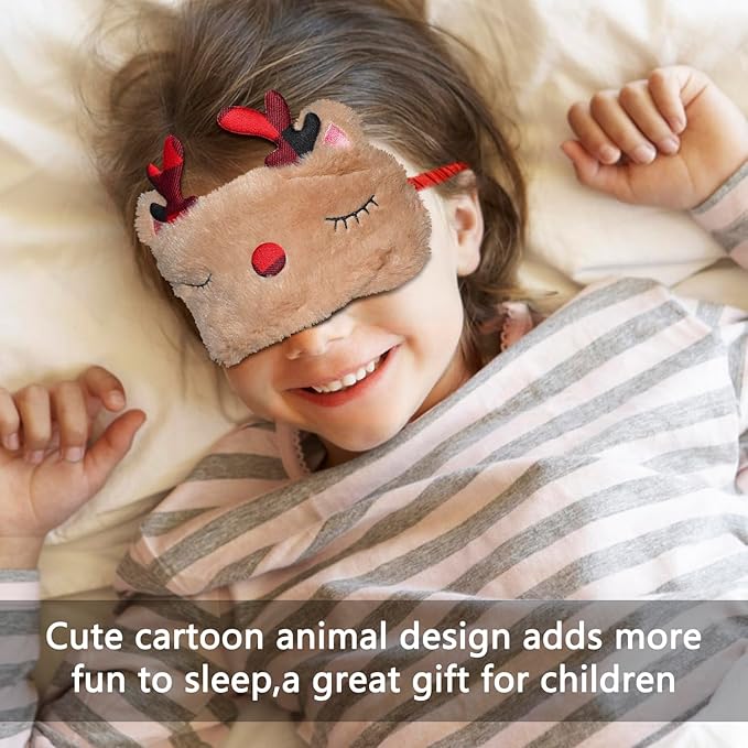 Cute Animal Sleeping Mask Sleep Mask, Xmas Reindeer Soft Plush Eye Mask for Travel Nap Funny Rudolph Blindfold Eye Cover Eyeshade for Adult Kids Girls Teens Men Women - Reindeer, Red & Brown