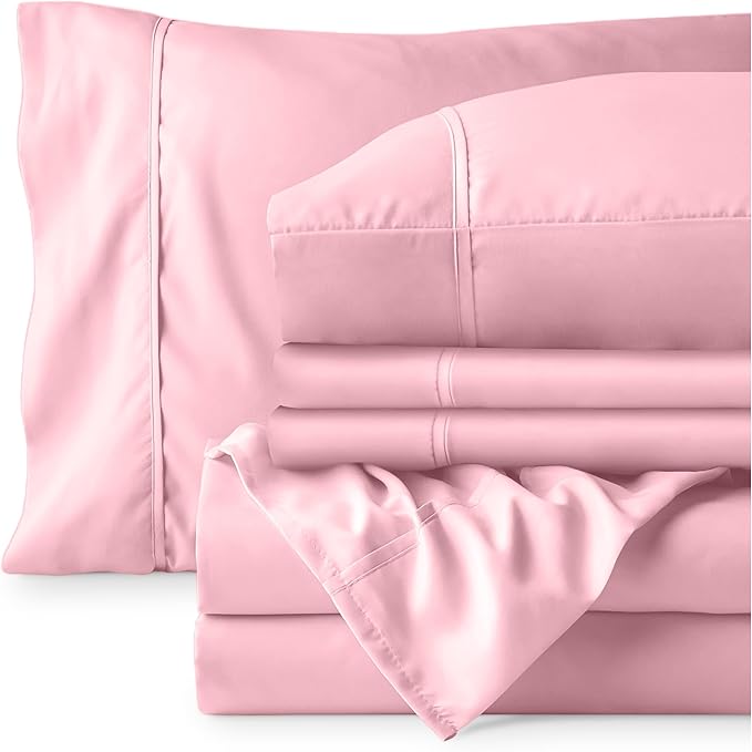 Bare Home Hotel Luxury Queen Sheet Set, Extra Soft - 6 Piece Set - Deep Pockets - Easy Fit - Cooling & Breathable - Wrinkle, Fade, Stain Resistant - Includes 4 Pillowcases (Queen, Light Pink)