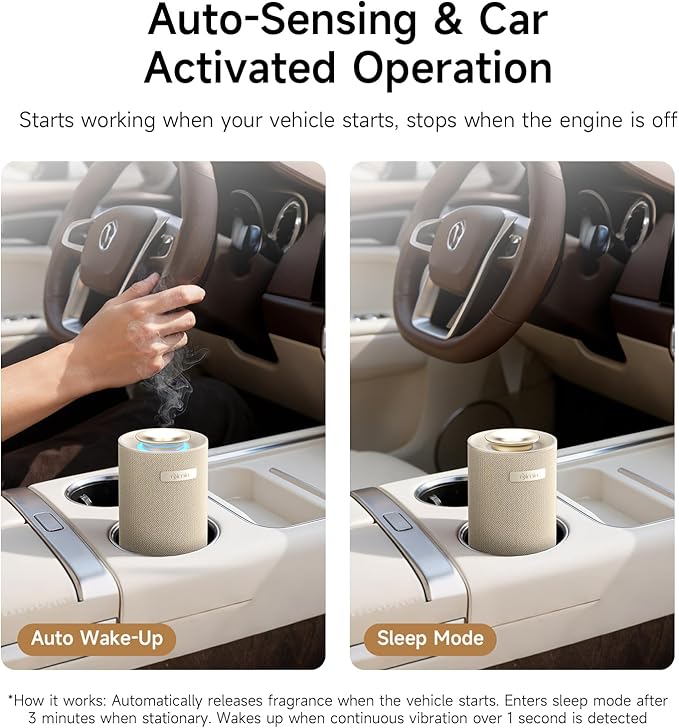 Car Diffusers for Essential Oils with Smart Auto Start-Stop, 2-in-1 Waterless Essential Oil Diffuser with Adjustable Mist Intensity, Cordless Portable Oil Diffuser for Home & Car Cupholder, White