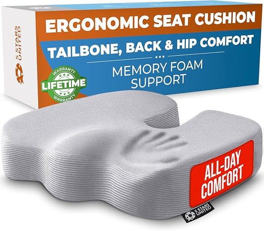 5 STARS UNITED Seat Cushion - Memory Foam Chair Cushion for Tailbone Pain Relief - Ergonomic Support for Coccyx, Sciatica & Butt - Office, Desk & Gaming Chair, Car Seat, Wheelchair, Airplane, L Gray