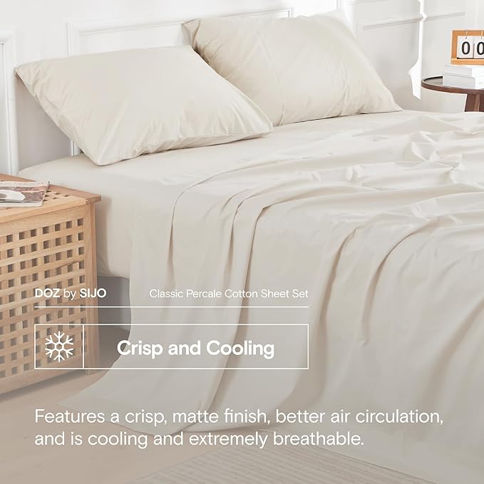 DOZ 100% Long Staple Cotton Sheet Sets, Classic Crisp Percale Weave, Breathable, Matte Finish, Hotel Style, Durable, 3pc – 2 Pillowcases 1 Fitted (Fog, Full)