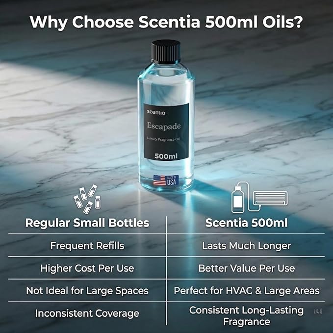 Scentia Escapade Diffuser Oil for HVAC Scent Machine – Hotel Fragrance Inspired by 5-Star Resort – 500 mL – Jasmine, Bergamot & Marine Oil for Commercial & Cold Air Diffusers, Made in USA