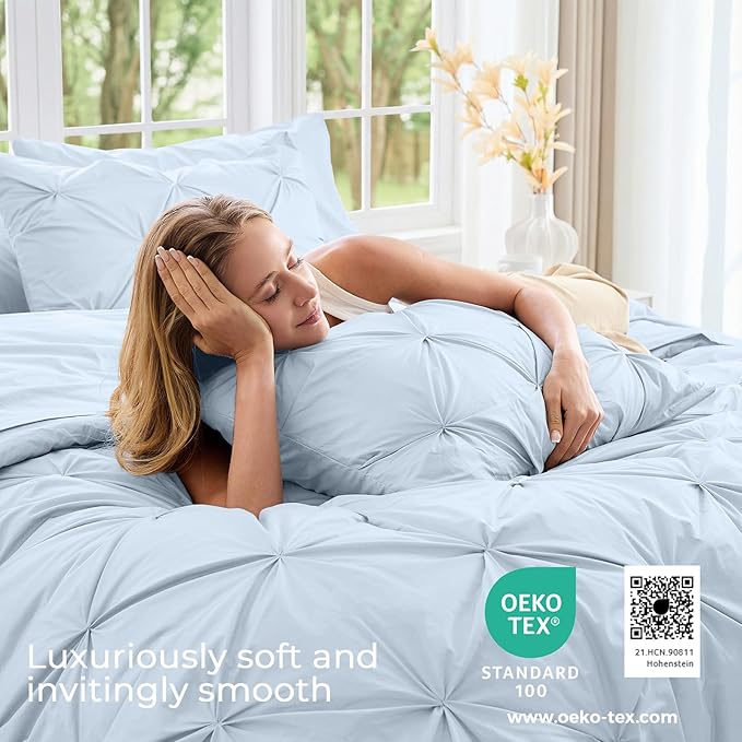Sasttie Twin Comforter Set, 5-Piece Bed in a Bag, Pintuck Bedding Sets for All Season, Includes Comforter, Flat Sheet, Fitted Sheet, Pillowcase and Pillowsham, Light Blue