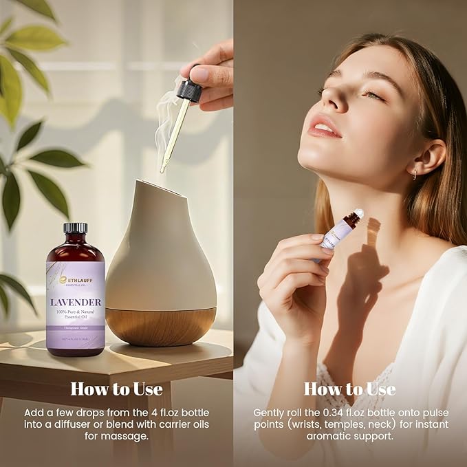 Lavender Essential Oil 4.33 Fl Oz, 100% Natural Lavender Oil Premium Grade for Diffusers, Skin Care, Massage, Humidifiers, DIY Candles, Soap Making, Relaxation, Sleep