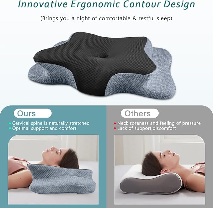 CHxxy Cervical Neck Pillow for Pain Relief Sleeping, Memory Foam Pillows, Ergonomic Side Sleeper Pillows, Cooling Orthopedic Neck Support Pillow for Back Stomach Sleepers-Queen Size Black&Grey