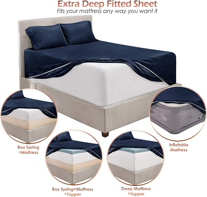 Hearth & Harbor Bed Linen Set - King Size, 6 Piece, Navy Blue, Microfiber, Extra Deep Pocket, 18-24 Inches Mattress Depth