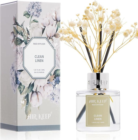 Airkeep Reed Diffuser Set,1.69 fl oz (50 ml) - Clean Linen Oil Diffusers with 8 Reed Sticks,Home Fragrance Reed Diffuser for Bathroom Shelf Decor