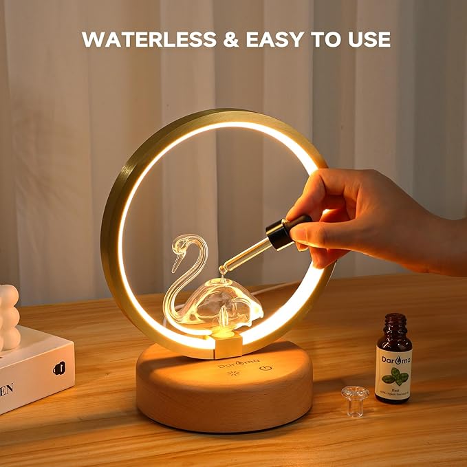DAROMA Swan Handmade Glass and Wood Essential Oil Diffuser, Portable Waterless Metal Ring Aromatherapy Diffuser with Auto Off & Adjustable Mood Light, Ideal for Home, Office, Bedroom