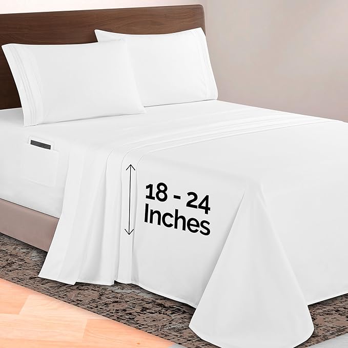 Elegant Comfort Luxurious 1500 Premium Hotel Quality Microfiber 4-Piece Sheet Set, 18-24 Inches Deep - Extra Deep Pocket Sheets - Ultra Soft 4PC Deep Pocket Sheets, Queen, White