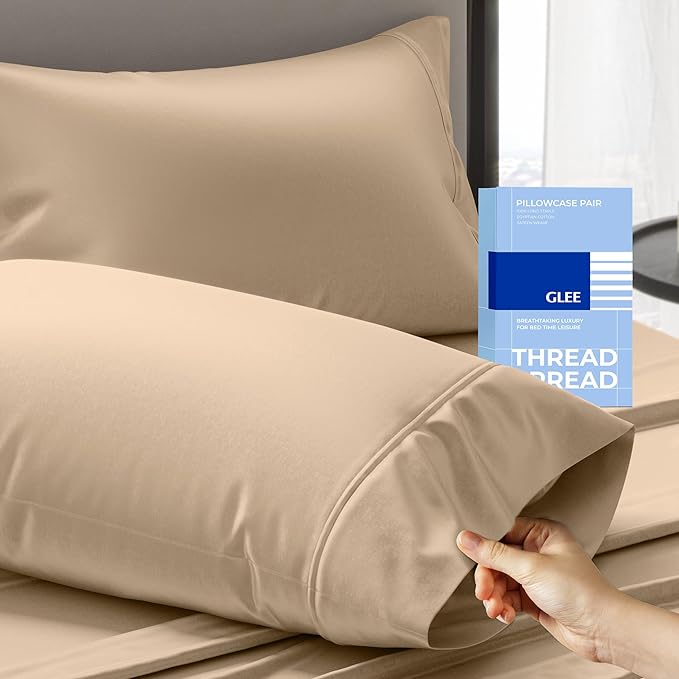 Thread Spread 100% Cotton Pillow Cases Queen Size Set of 2 - Luxury 400 Series Glee Collection Queen Pillow Cases (Taupe), Soft Cooling Breathable Hotel Cotton Pillowcases, Fits Standard Pillows