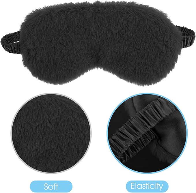 2 Pcs Black Plush Eye Mask Soft Sleeping Blindfold Eye Cover Comfortable Furry Faux Fur Sleeping Mask Satin Nap Night Eyeshade Cover for Women Men Gift