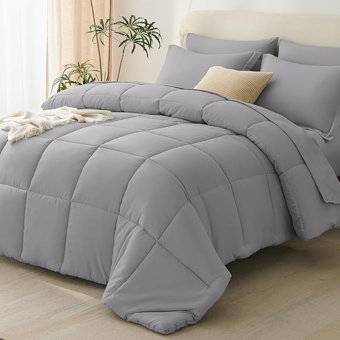 CozyLux King Size Comforter Set Grey - 7 Pieces Bed in a Bag King, Okeo-Tex Certifited Bedding Set, All Season Soft Bed Set with Down Alternative Comforter, Sheets, Pillowcases & Pillow Shams