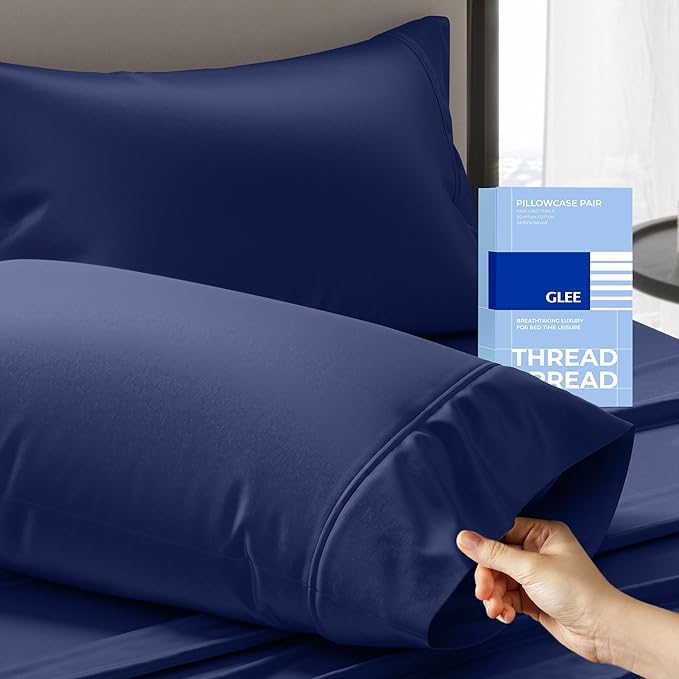 Thread Spread 100% Cotton King Size Pillow Cases Set of 2 - Luxury 400 Series Glee Collection Pillow Cases King Size (Navy Blue), Soft Cooling Breathable & Durable Sateen Hotel Cotton Pillowcases