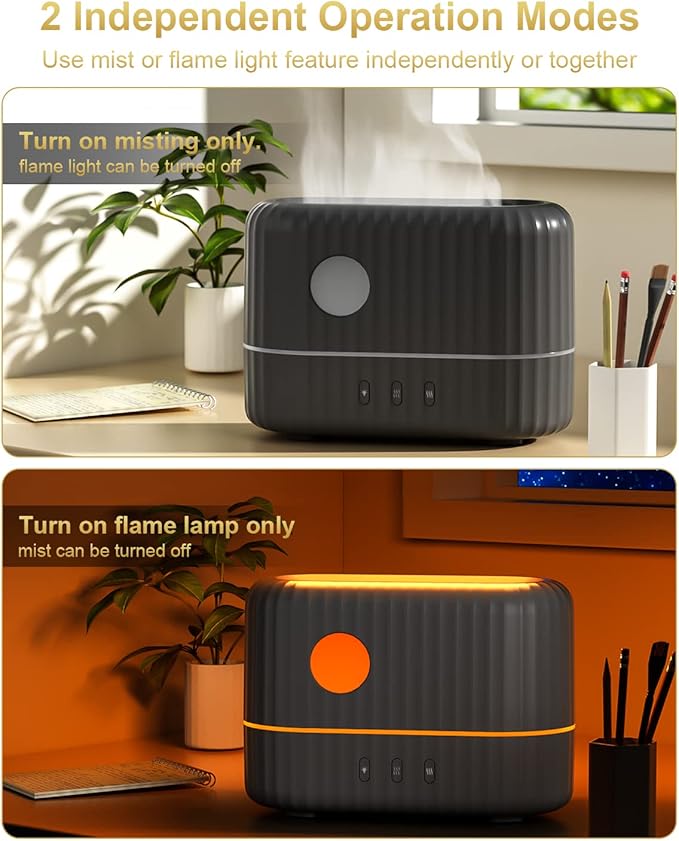 Essential Oil Diffuser with Flame Light, 3 Flame Light Intensity Modes and 2 Adjustable Cool Mist Setting Aromatherapy Diffuser Air Humidifier, 200ml Portable Design,Waterless Auto-Off (Grey)