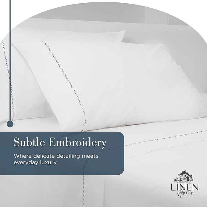 Linen Home 100% Cotton Percale Moon Scallop Hem Pillowcases Queen/Standard Size, Dark Blue, 2 Pieces of Pillow Case, Crisp and Cool Strong Bed Linen, 20 inches X 30 inches