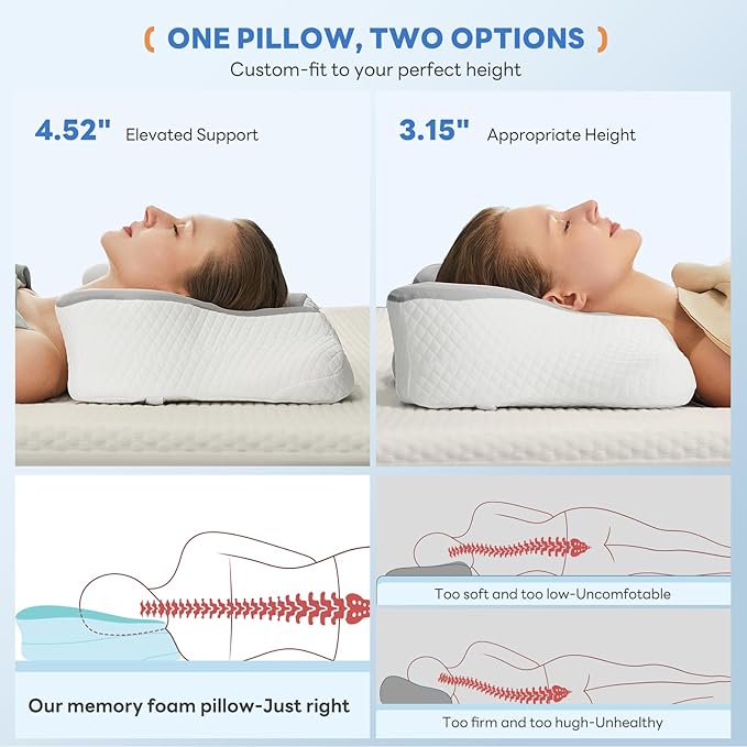 Sweetcrispy Cervical Pillow for Neck and Shoulder - Ergonomic Memory Foam Pillows, Contour Side Sleeper for Adults, Cooling Orthopedic Neck Support for Back Stomach Sleepers, King Size, Grey