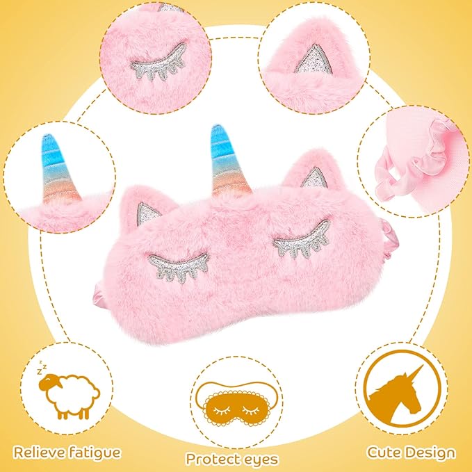 Geyoga 3 Pcs Sleep Mask for Kids, Girls Plush Sleeping Eye Cover Soft Eye Blindfold Cover Animal Shade for Kids(Pink,Bunny, Cat and Unicorn Style)