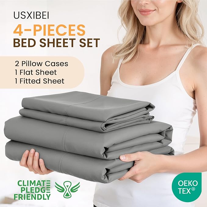 Queen Size 4 Piece Sheet Set - Comfy Breathable & Cooling Bed Sheets Set, Soft and Wrinkle Free, Deep Pockets, Easy & Secure Fit, Hotel Luxury Bedding for Women, Men - Oeko-Tex - Dark Grey