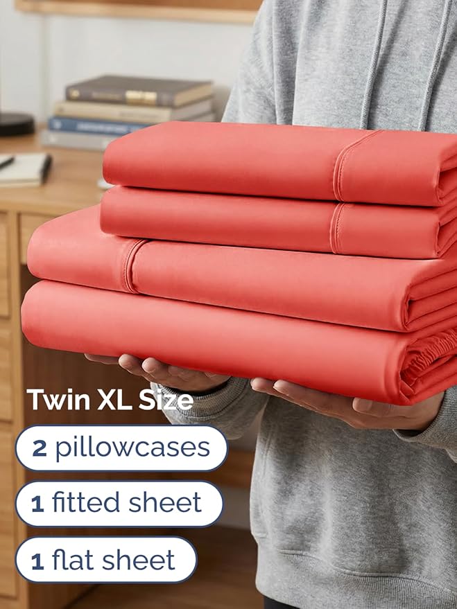 Extra Deep Twin XL Sheet Set - 4 Piece Breathable and Cooling Sheets - Hotel Luxury Bedding for Women, Men, Kids & Teens - Easy & Secure Fit - Soft, Wrinkle Free and Comfy - Extra Deep Pockets - Coral