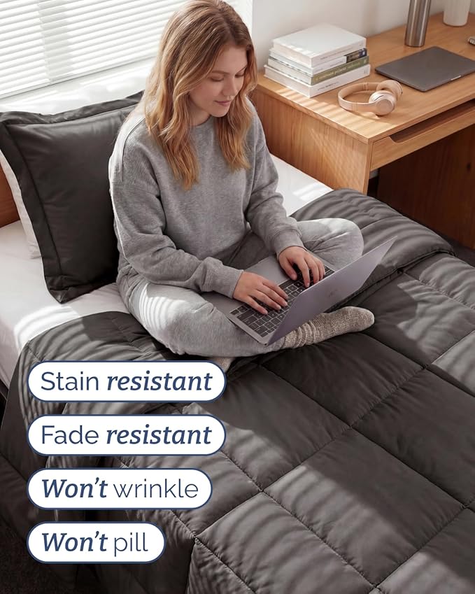 Twin XL Comforter Set - 2 Piece Bed Set for All Seasons - 1 Soft Quilted Comforter w/ Corner Tabs & 1 Pillow Sham - Comfy & Breathable - Premium Down Duvet Insert - Oeko-TEX - Twin XL Size, Dark Grey
