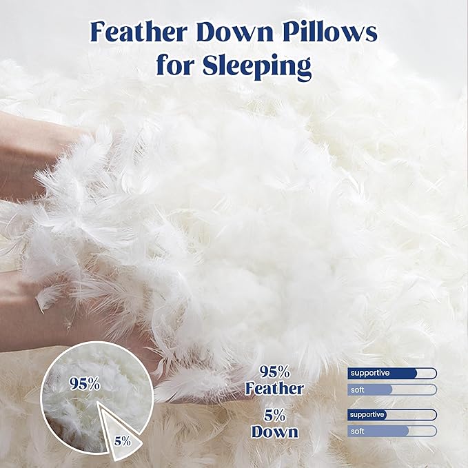 puredown® Goose Feather Down Pillows Queen Size Set of 2, Soft Fluffy Luxury Hotel Collection Bed Pillow for Back, Stomach or Side Sleeper.