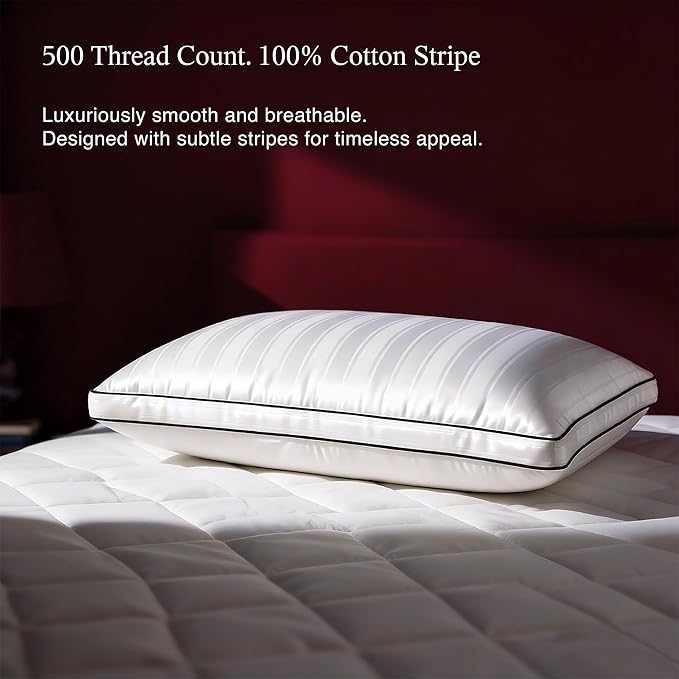 Blue Ridge Home Fashions Luxury Hotel Collection Bed Pillows Queen Size Set of 2, Soft Medium 500 Thread Count Damask Stripe Embroidered 100% Cotton Cover, Gusseted Down Alternative