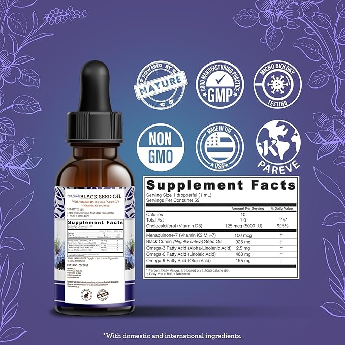 GuruNanda Black Seed Oil, Cold-Pressed Nigella Sativa - Rich in Vitamin D3 5000 Units, K2 & E, High Thymoquinone | Potent Antioxidant for Immune Support, Non-GMO, 2 Fl.oz (Pack of 3)