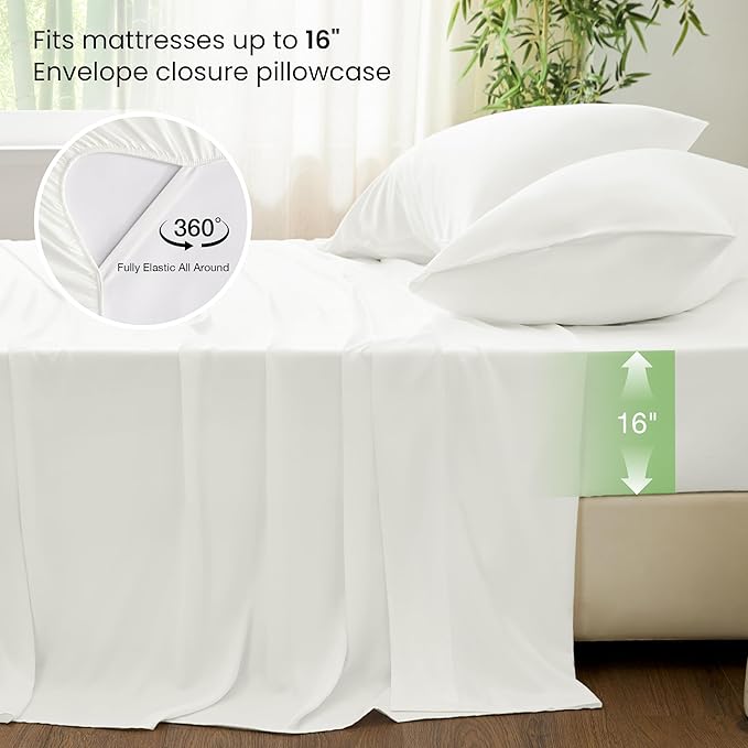 Love's cabin 3 Piece Twin XL Sheet Set, 100% Rayon Derived from Bamboo, Cooling & Breathable, Soft Silky Deep Pocket up to 16", Hotel Luxury Bedding for Hot Sleepers, White