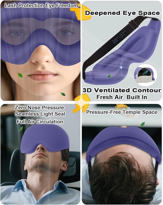 Sleep Mask for Women Men, Machine Washable, Pressure-Free Temple and Nose Space, 3D Ventilated Contour (Blue)