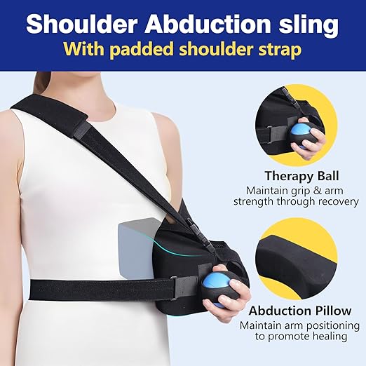 Abducted Shoulder Sling Immobilizer, Padded Rotator Cuff Support Brace with Removable Abduction Pillow and Exercise Ball for Right or Left Arm Pain Relief From Post-Surgery Recovery and Subluxation