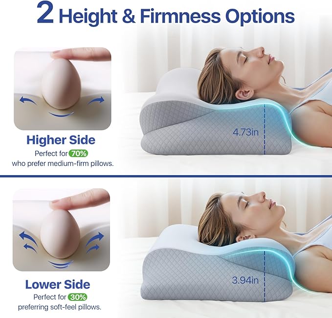 Memory Foam Neck Pillow - Ergonomic Contour Cervical Neck Pillow for Side Back Stomach Sleepers, 2-in-1 Orthopedic Neck Support Pillow with Cooling Pillowcase