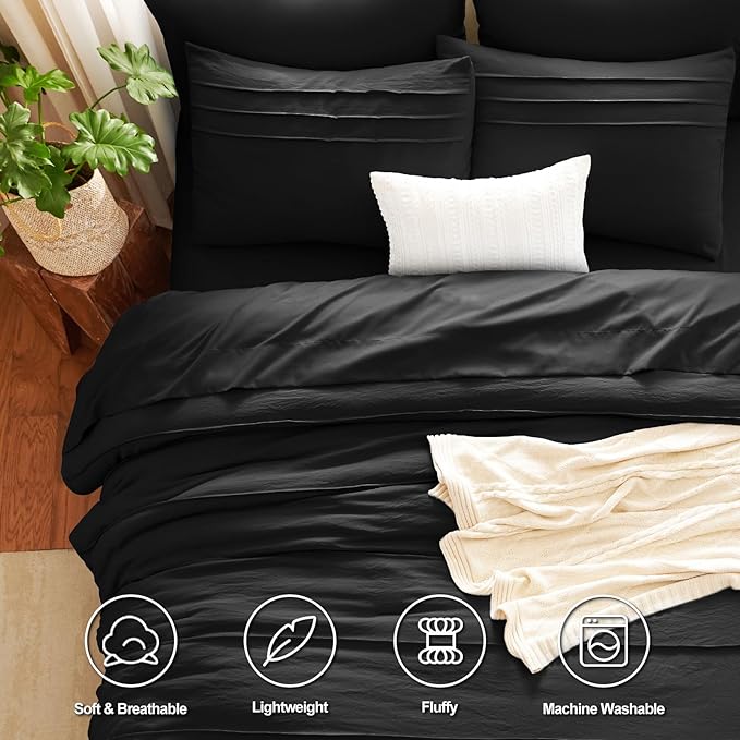 CozyLux King Size Comforter Set Black, 7 Pieces Soft Pinch Pleat Bed in a Bag King Comforter Set with Sheets, Boho Bed Set with Down Alternative Comforter, Sheets, Pillowcases & Shams